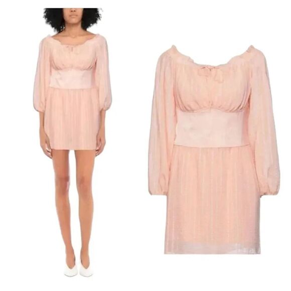 NEW Guess Sheer Chiffon Corset Bardot Milkmaid Peasant Mini Dress in Peach Large - Picture 7 of 14